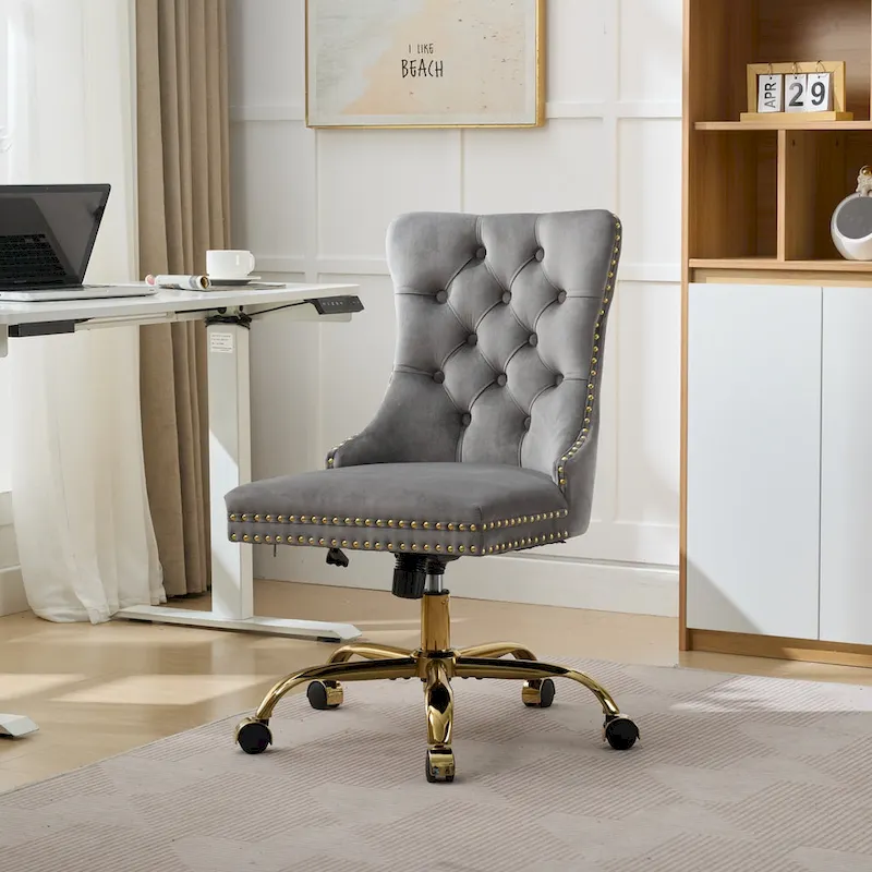 A&A Gray Velvet Tufted Home Office Chair with Golden Metal Base - Adjustable Swivel Desk Chair