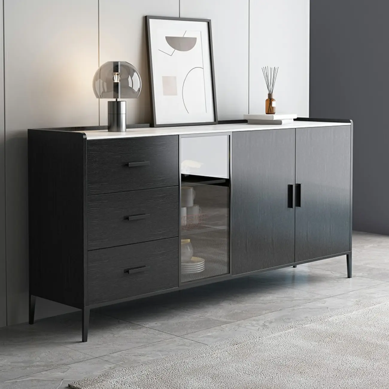 Modern Wooden Sideboard with Cabinets & Wine Rack