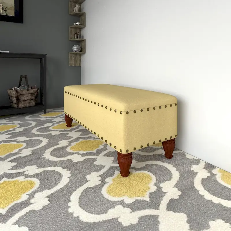 Upholstered Storage Bench with Bronze Nailhead Trim & Wood Legs – Tan / Red & Gold Damask / Orange & Cream Medallion / Gray Woven – 2-3 Person