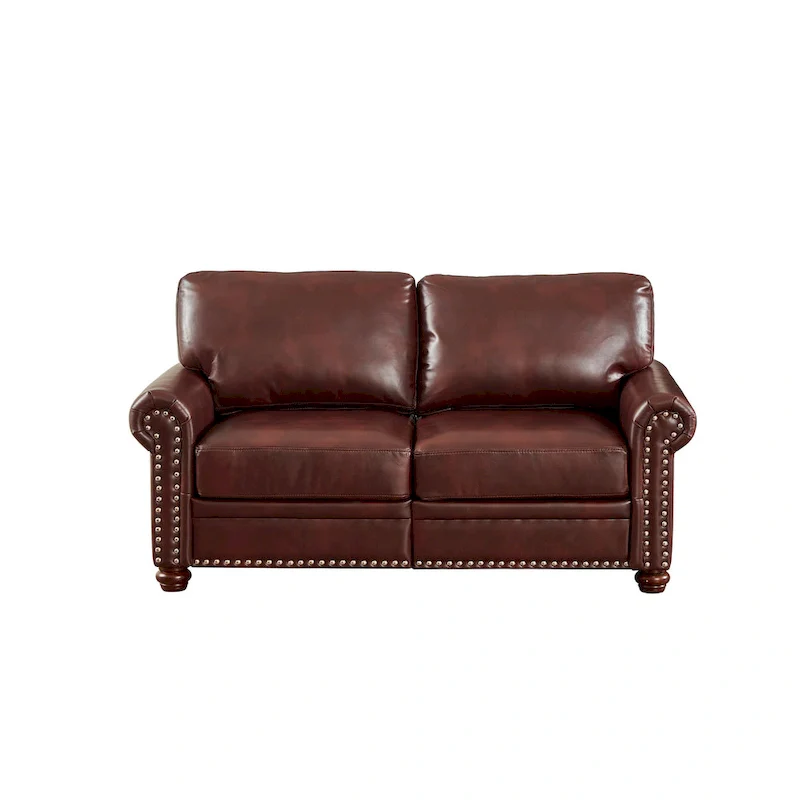 Faux Leather Loveseat with Storage – Burgundy / Grey / Black, Nailhead Trim, Seats 2