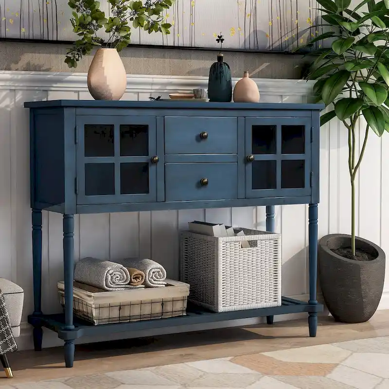 Antique Navy / Gray / White Farmhouse Sideboard with Glass Cabinets & Drawers — For 1 Space