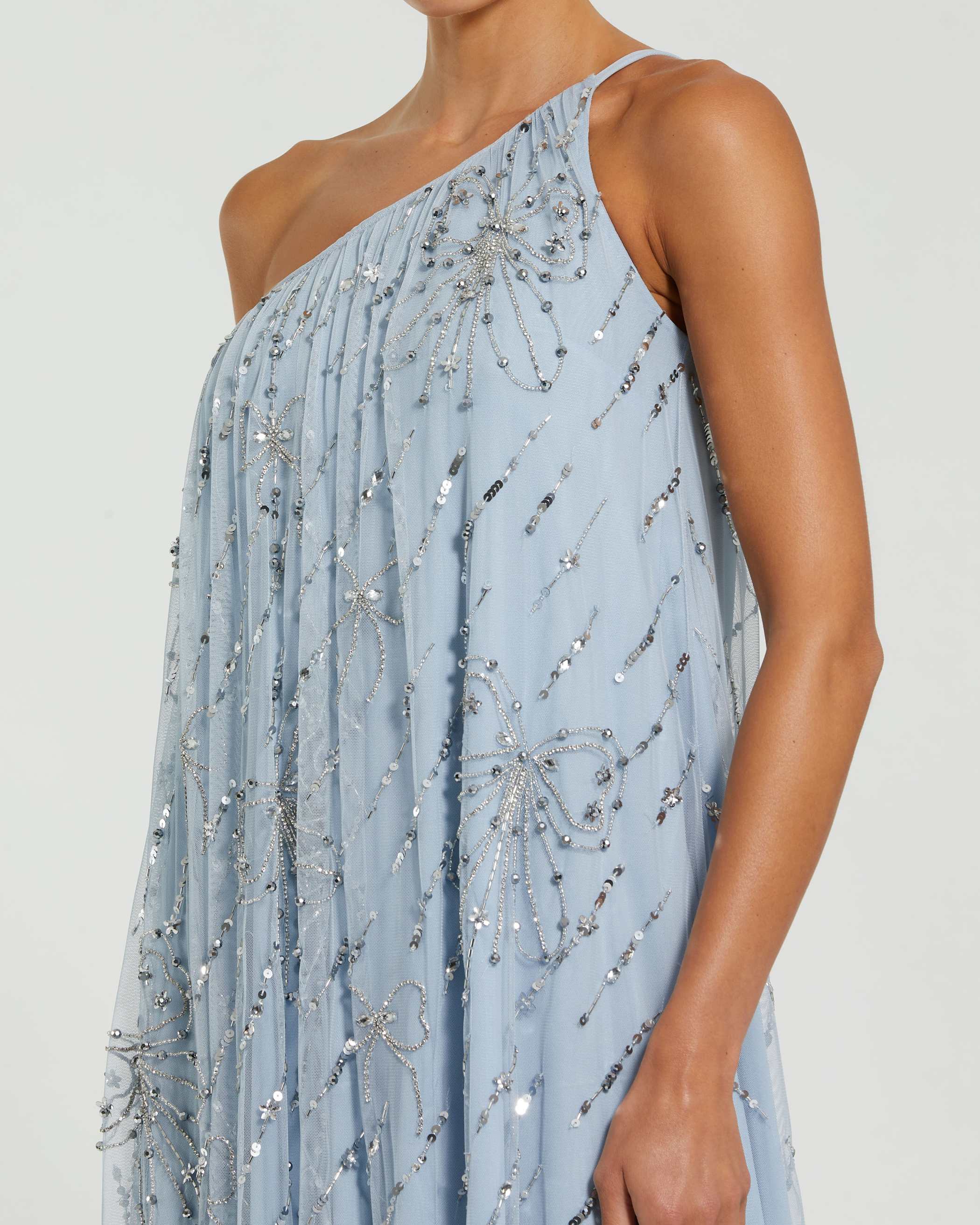 Blue One Shoulder Bow Embellished High Low Gown