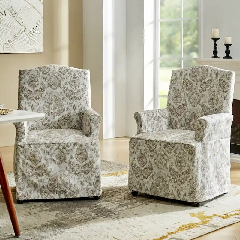 Upholstered Slipcover Arm Dining Chairs with Solid Wood Legs Set of 2
