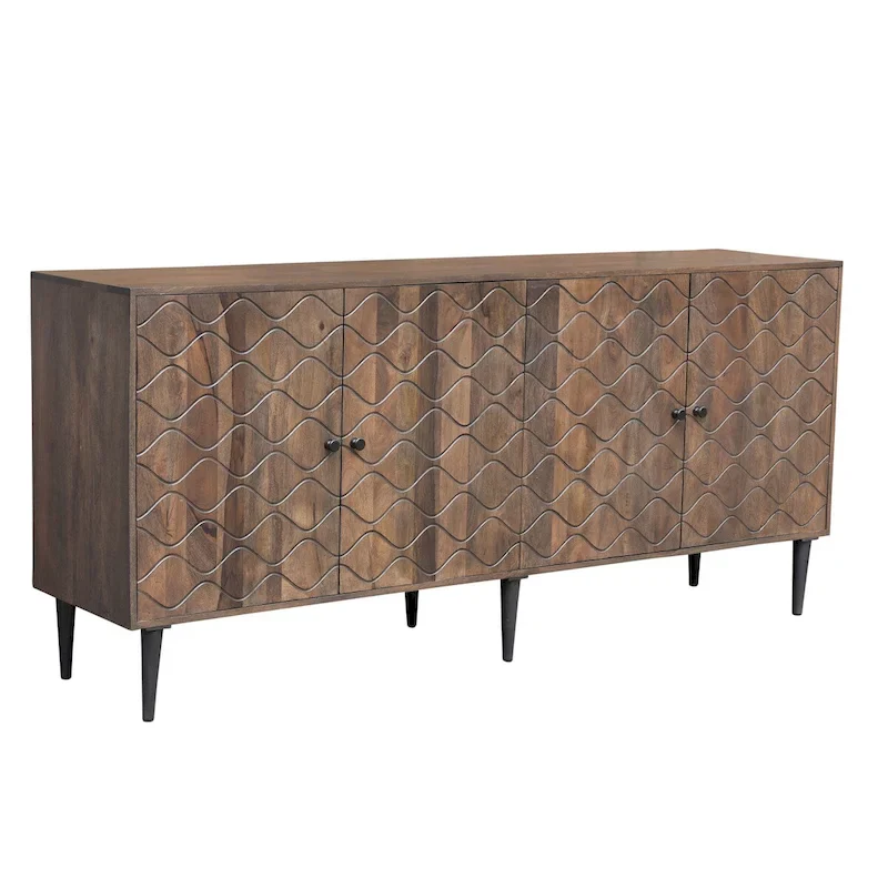 4-Door Sideboard, Wave Pattern, Acacia & Mango Wood, Fixed Interior Shelves, Black Legs & Hardware, Mid-Century Style, Walnut / Hazelnut / Whitewash, 1-Person Use