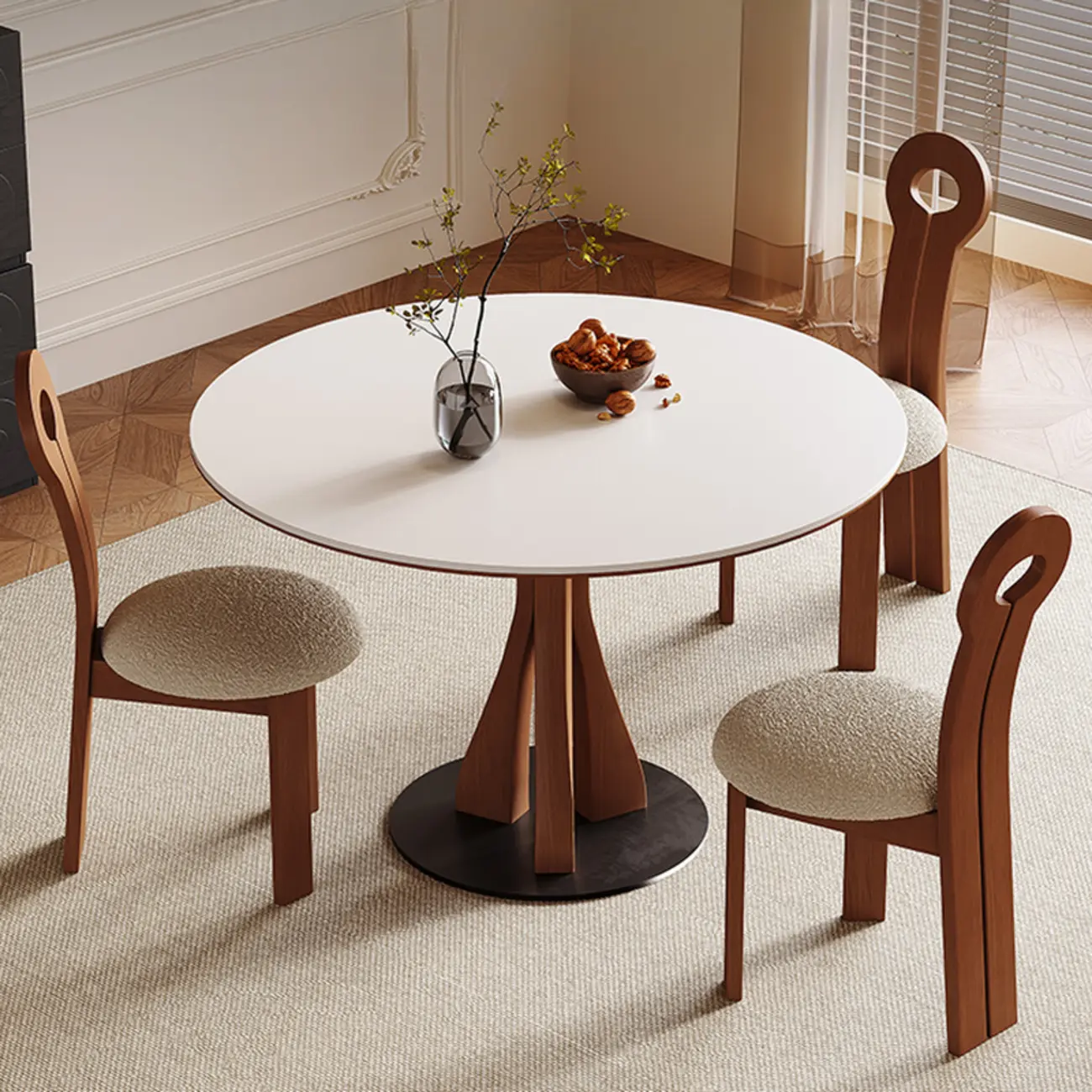 Mid-Century Modern White Stone Brown Wood Round Dining Table