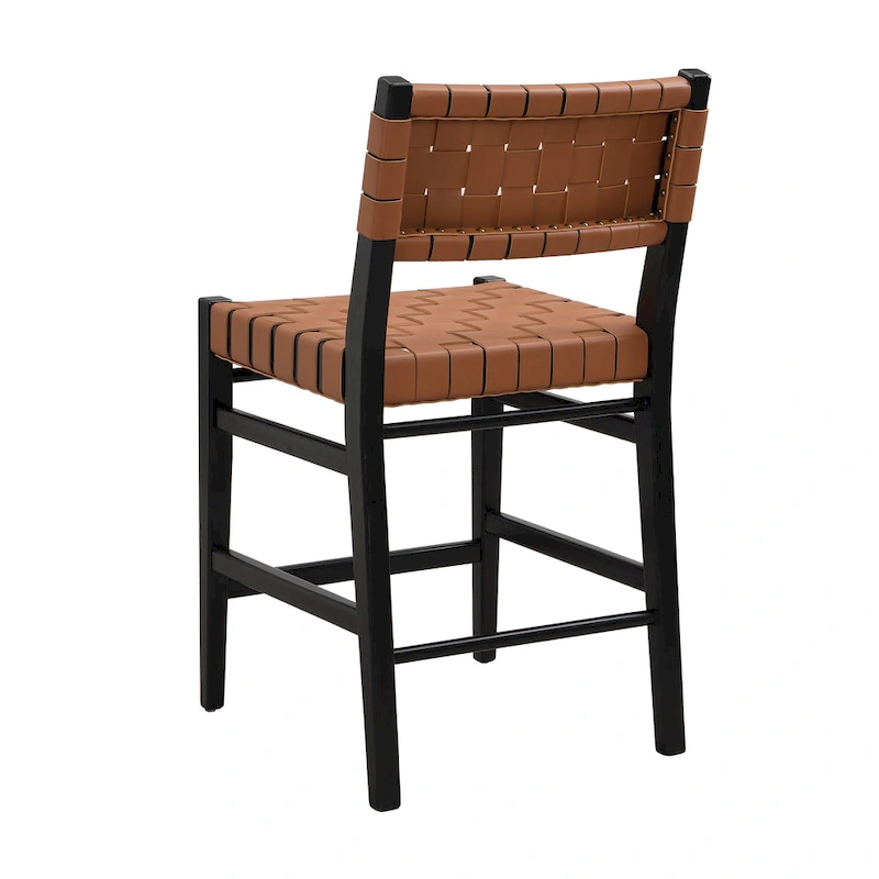 Roomfitters PU Leather Counter Stools, Set of 2 Bar Height Chairs with Woven Back and Rubberwood Frame, Black Brown