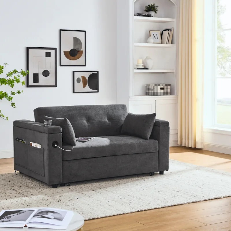 54 Pull-Out Sleeper Sofa Bed Double Seat Recliner Sofa Bed with Armrests with Storage and Side Pockets,with USB Power Outlet