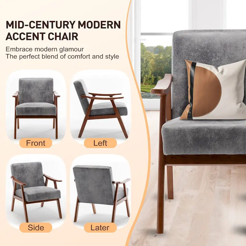 Mid-Century Modern Accent Chair with Solid Wood Frame, Set of 1