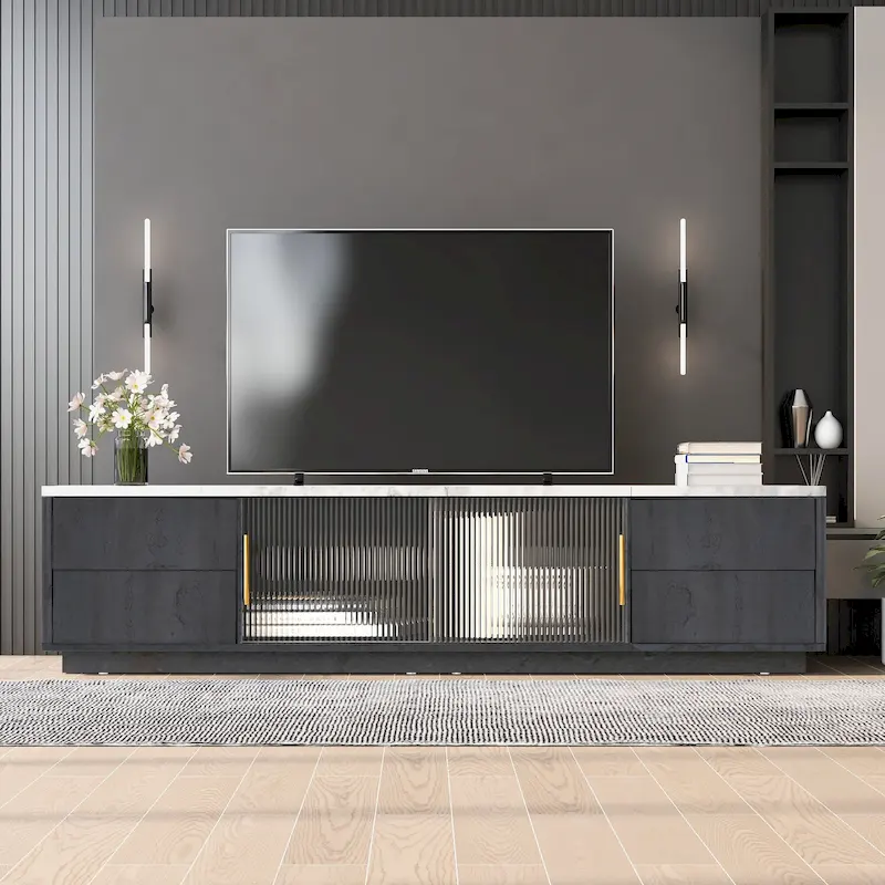 Glass Doors TV Stand for 70 TV, Media Console with 4 Drawers Floor Wood TV Media Center Table with Large Storage Cabinet