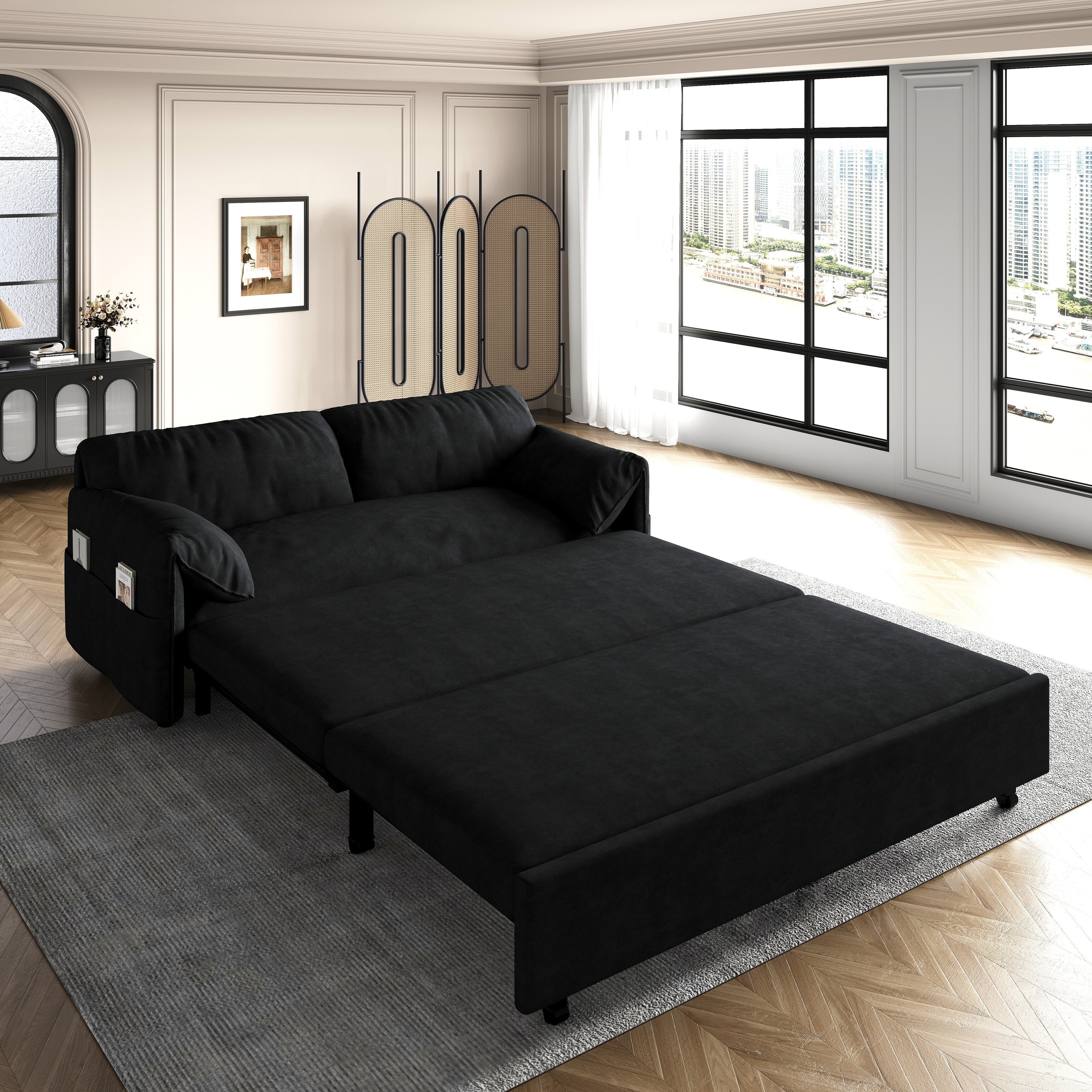 Black 63.8 3-in-1 Velvet Loveseat Pull Out Sofa Bed with Side Storage for Living Room