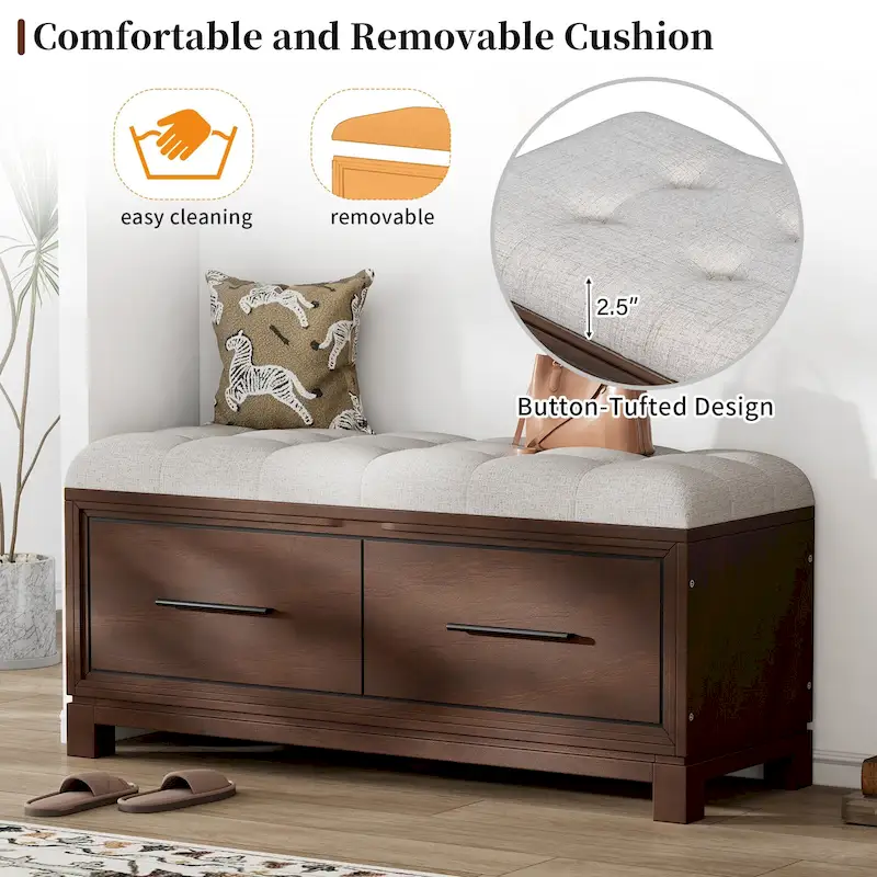 43  Shoe Bench with Removable Cushion & Lift Top Storage, Entryway Bench Wooden End of Bed Bench, Hidden Storage Space