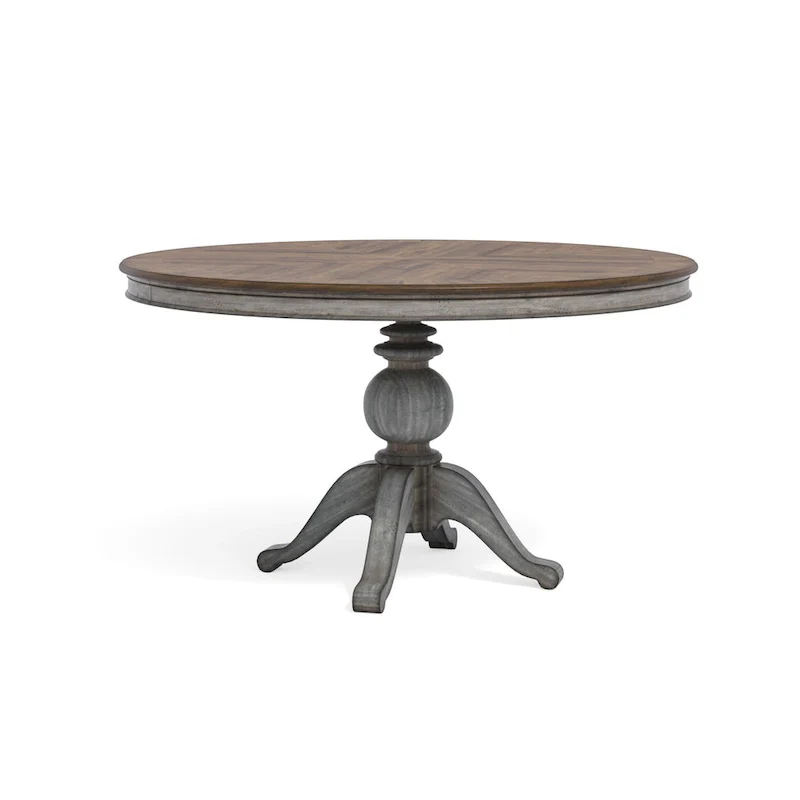 Gray and Brown Wood Pedestal Dining Table with Leaf - 54 Inch Expandable for 4-6 People