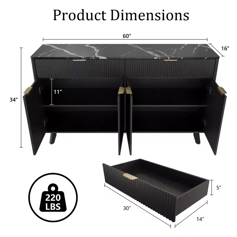 Buffet Sideboard, 60'' Sideboard Cabinet with 2 Drawers and 4 Wave Doors, Sideboard with Adjustable Shelves, Black