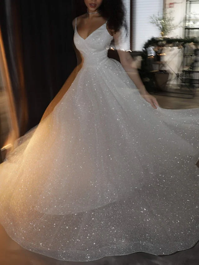 Ball Gown Prom Dresses Glittering Dress Wedding Party Court Train Sleeveless Spaghetti Strap Tulle with Sequin