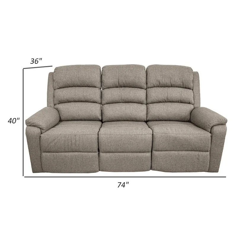 Fery 74 Inch Manual Recliner Sofa, 3 Seater, Brown Burlap Upholstery, Wood