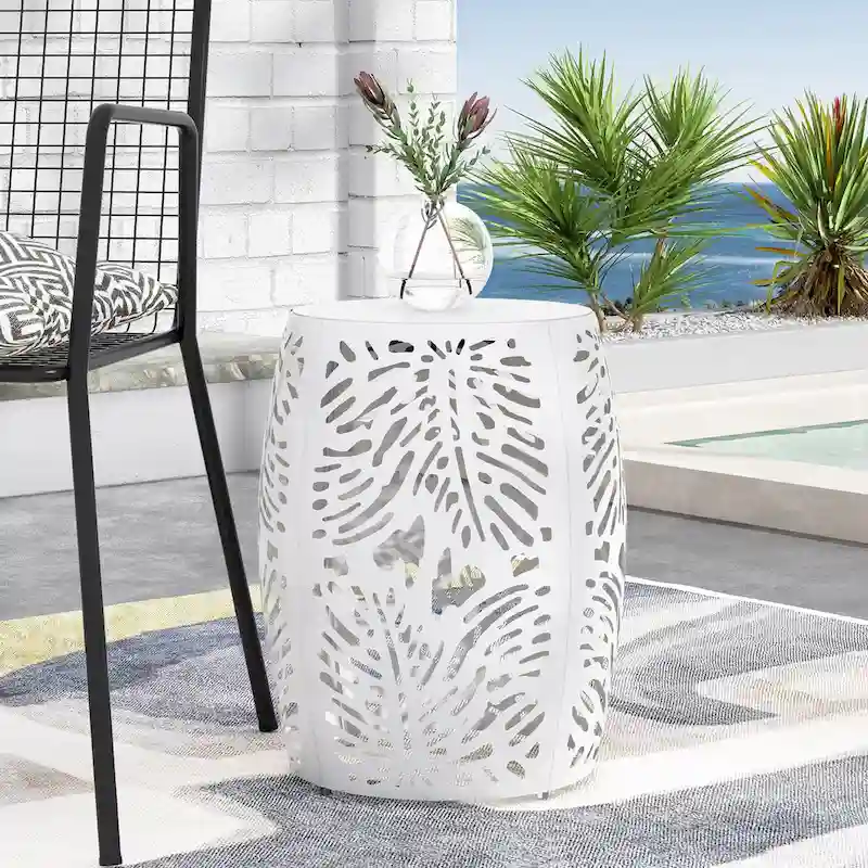 Metal Patio End Table,Round Side Table with Hollow Drum Design,Accent Table for Outdoor and Indoor Use