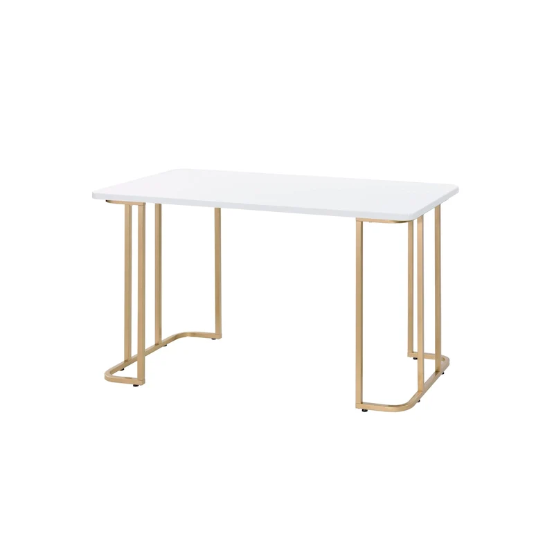 White & Gold Rectangular Writing Desk with Open Metal Base