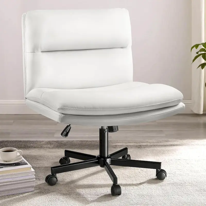 Cross Chair with Wheels,PU Leather Armless Cross Legged Office chair, Adjustable Wide Seat Task Vanity Chair