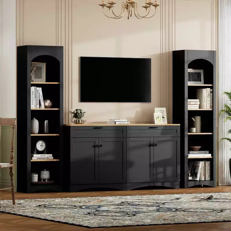 MAYEERTY Black 3-Piece Farmhouse Entertainment Center, Mid-Century TV Stand for 70 TVs