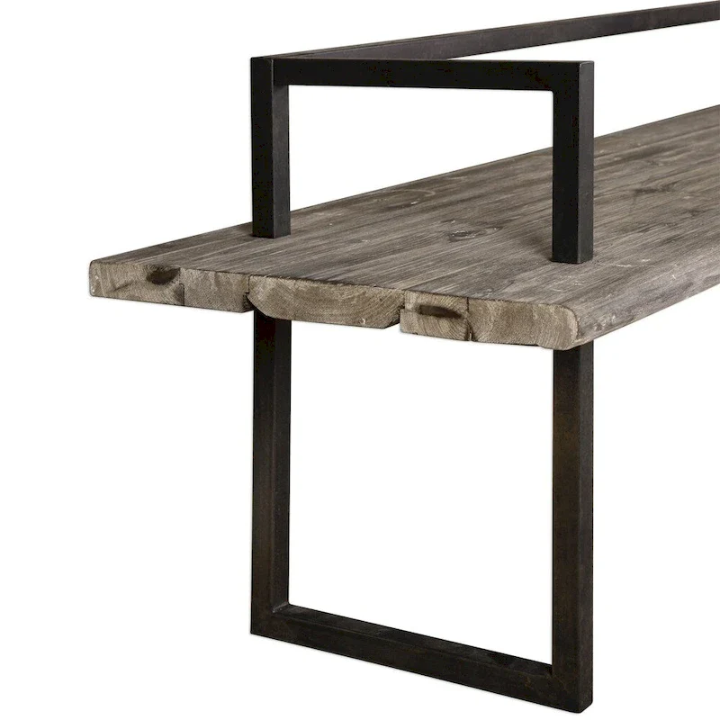 Antique White Wash Reclaimed Wood Bench, Aged Black Iron Frame, 1-Seat