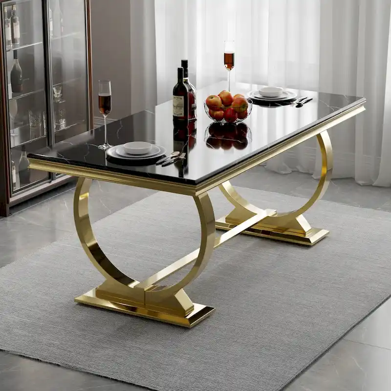 Dining Table with Circular Pedestal Base - Marble Texture Top, Seats 4-8 (Black/Grey/White)
