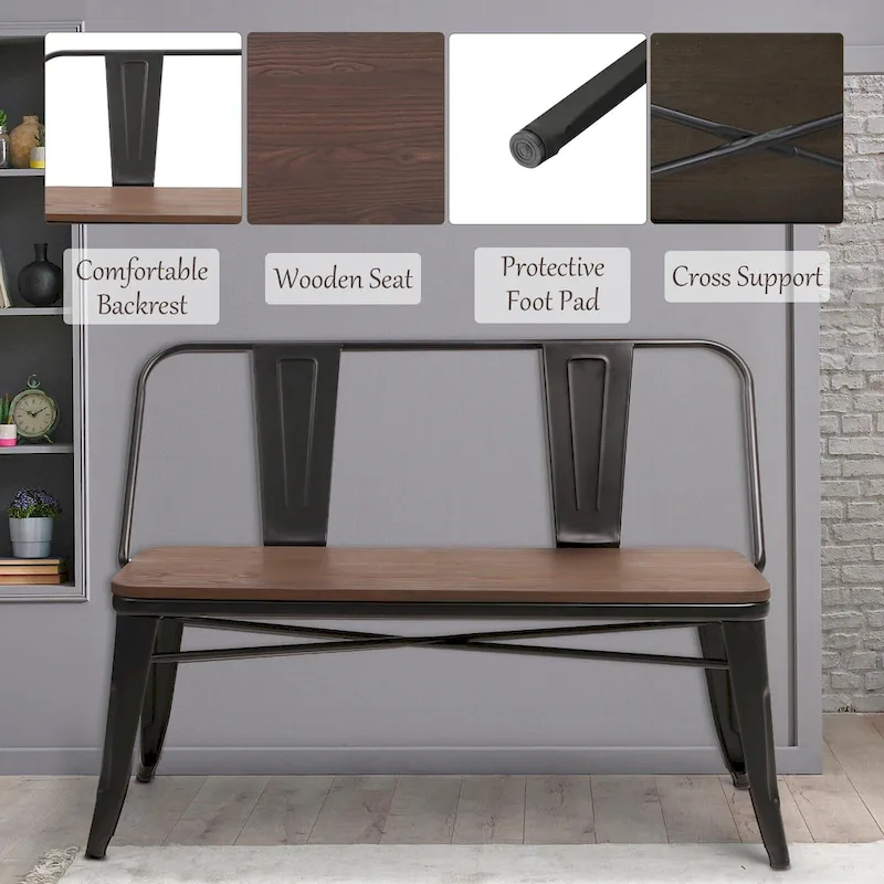 Dining Bench, Entryway Bench with Back, Farmhouse Metal Dining Bench, Industrial Mid-Century 3 Person Bench, Wood Seat