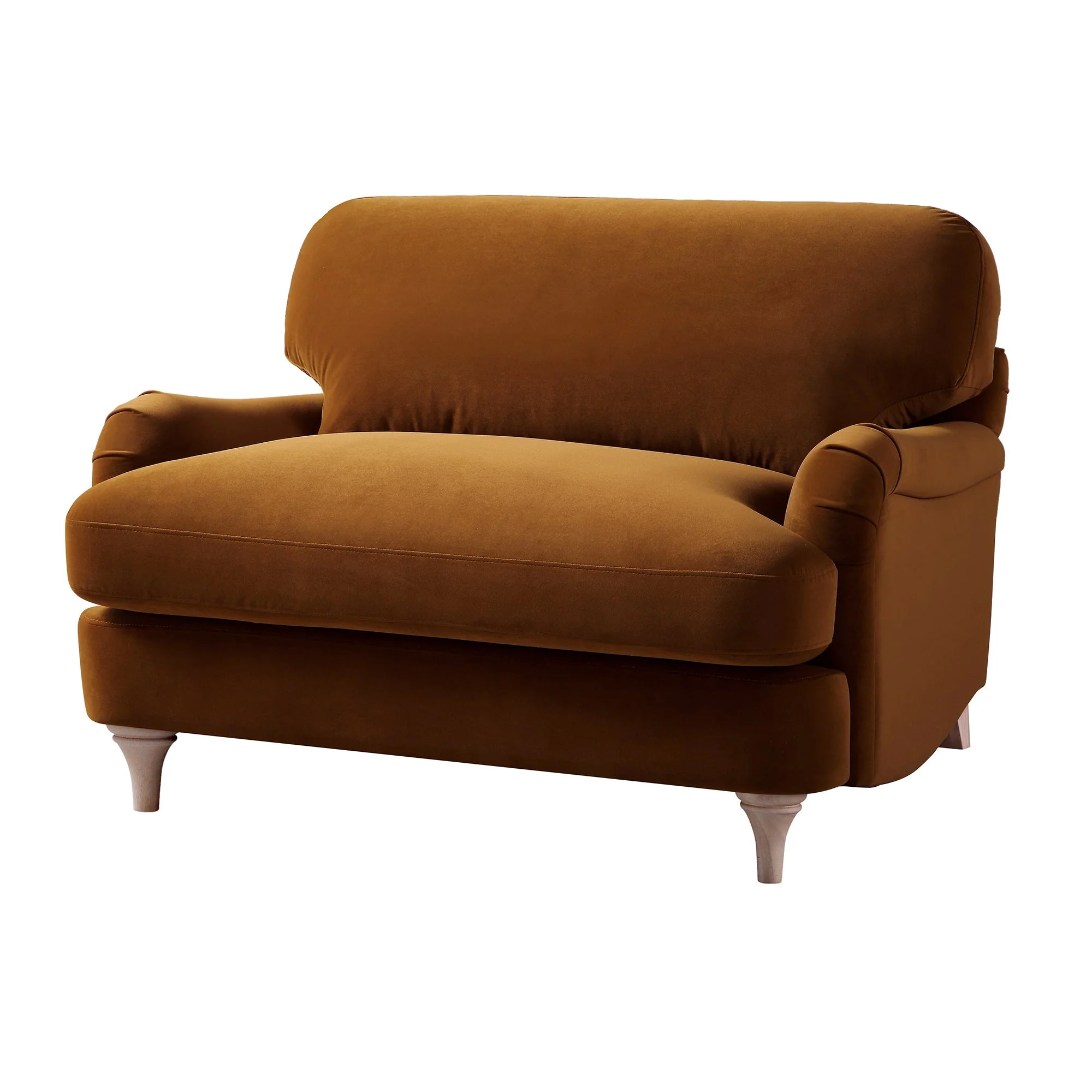 Traditional English Loveseat Sofa - Cinnamon Velvet, Curved Back, Hand Tufted Armrests, 1.5-Seater