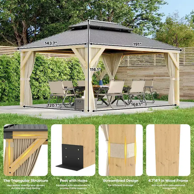 GustoWave 12'x16' Hardtop Spruce Wood Gazebo for Patio, Deck, Backyard, Lawn, and Garden