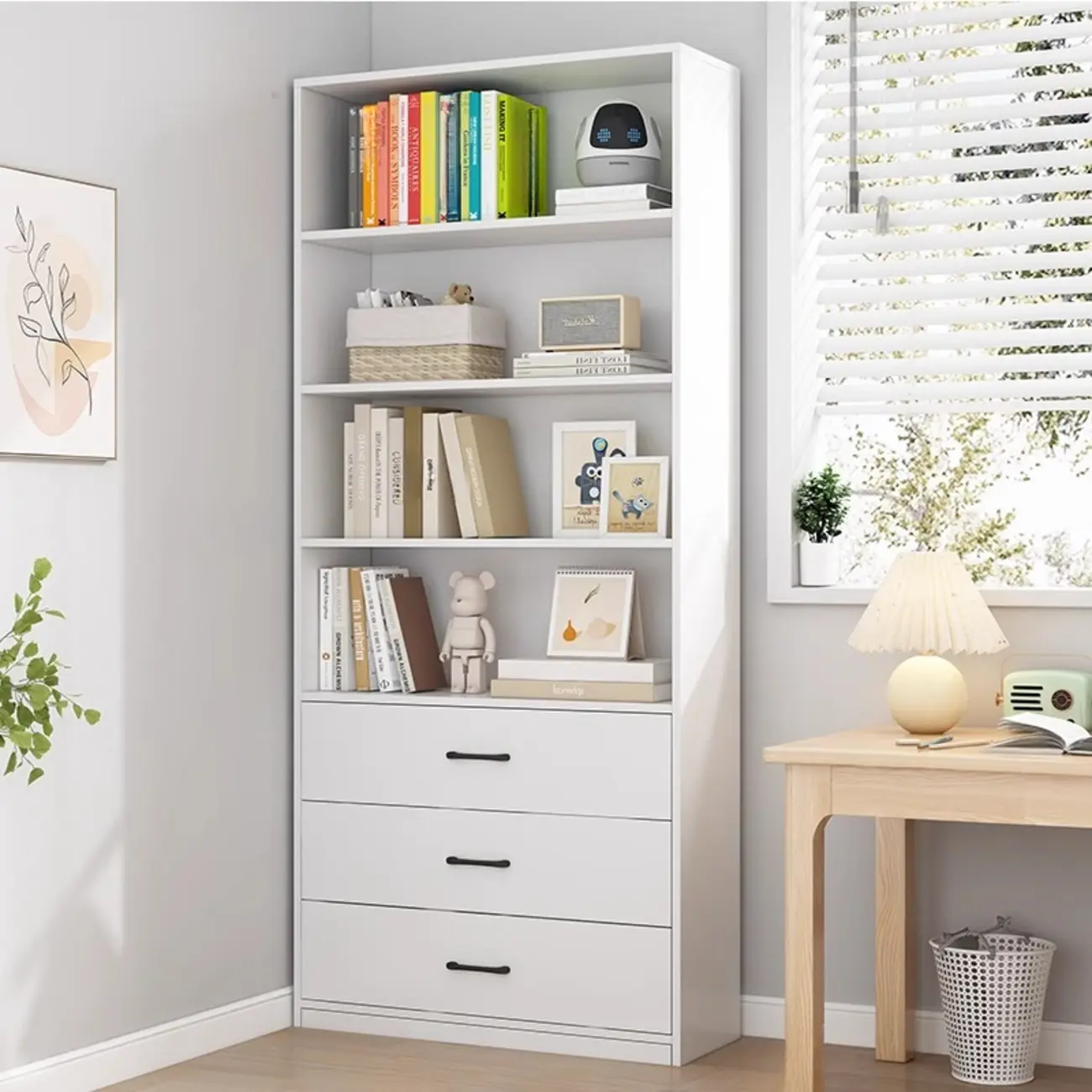 Narrow Modern Nut-Brown Wooden 3-Shelf Bookcase with Cabinet