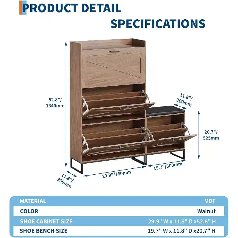 Shoe Storage Cabinet 4 Flip Drawers and Seat Bench,Farmhouse Entryway Hidden Slim Freestanding Shoe Storage for Entryway, Hallway, Bedroom