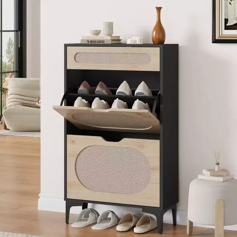 Rattan Shoe Cabinet with 2 Flip Drawers & 1 Pull-Out Drawer, 3 Adjustable Shelves, Narrow Freestanding Entryway Storage Cabinet, Wood