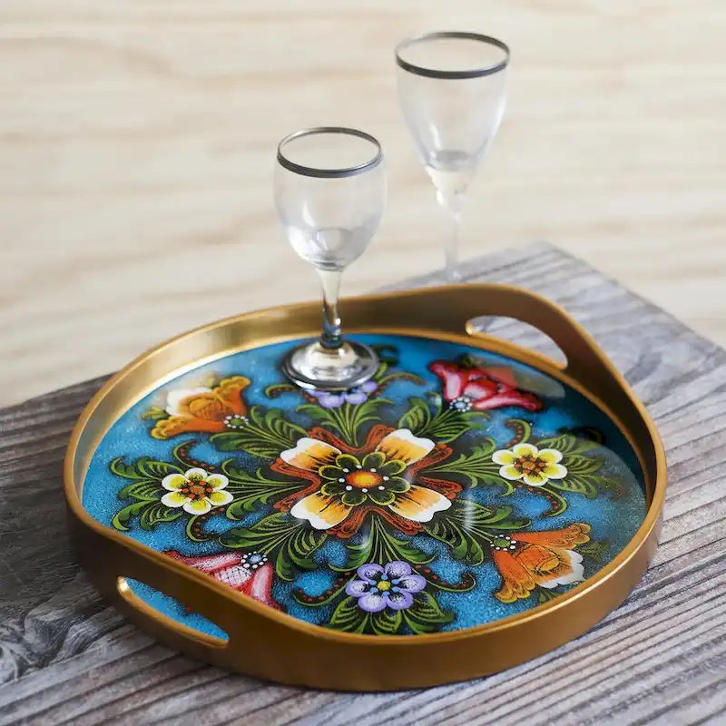 Novica Handmade Tulip Beauty In Blue Reverse-Painted Glass Tray