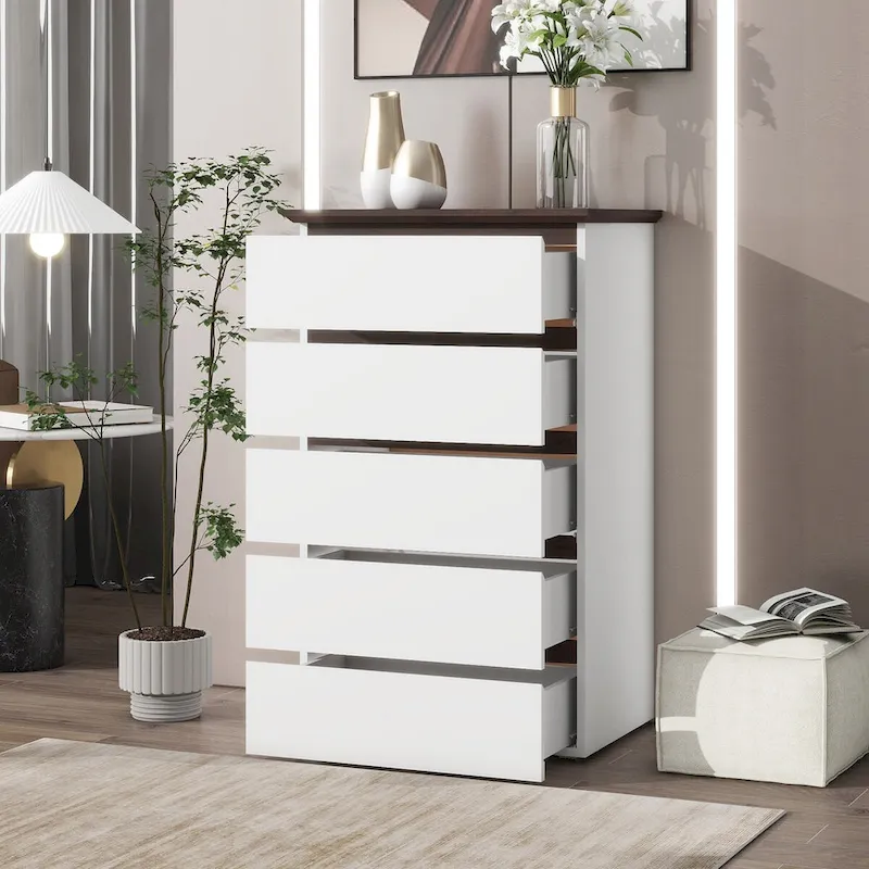 White 5-Drawer Tall Dresser with Natural Top
