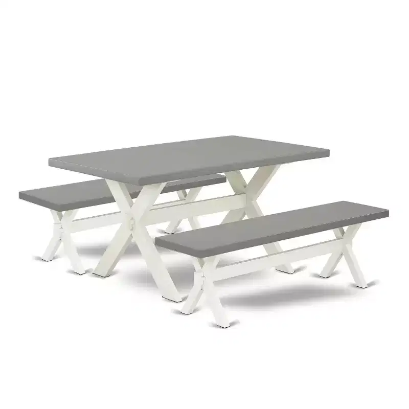 HomeStock 3-Piece Rectangle Natural Oak Finish Solid Wood Top Dining Table with 2-Benches