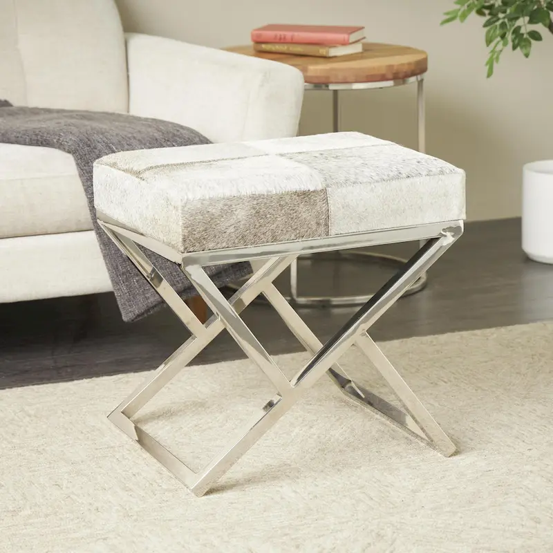 Leather Geometric Home Bench with Angled Silver Metal Base - Light Grey