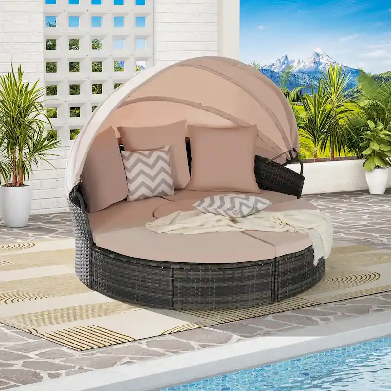 5-Piece Round Daybed Sunbed with Canopy & Removable Cushions