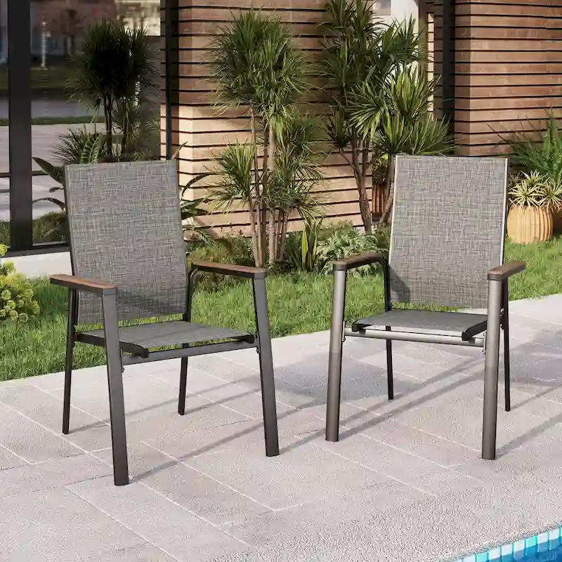 MAISON ARTS 2 Pieces Aluminium Stackable Patio Dining Chairs with Wooden Armest