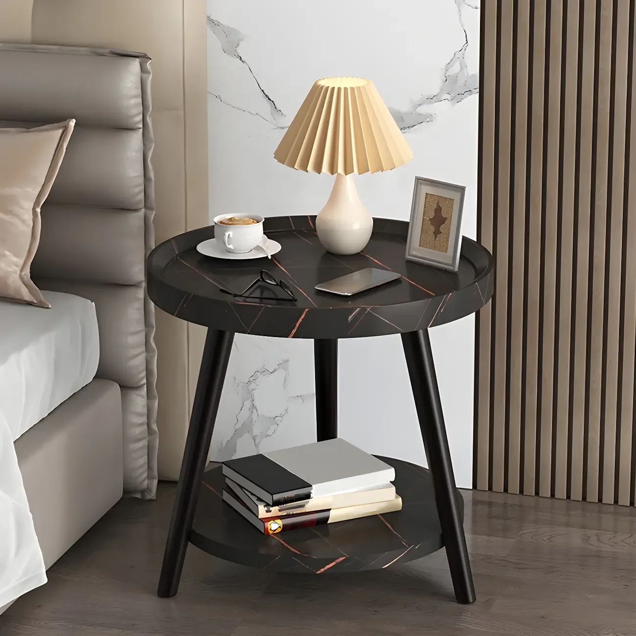 Natural Espresso Wood Small Round End Side Table with Tray Top & Shelf