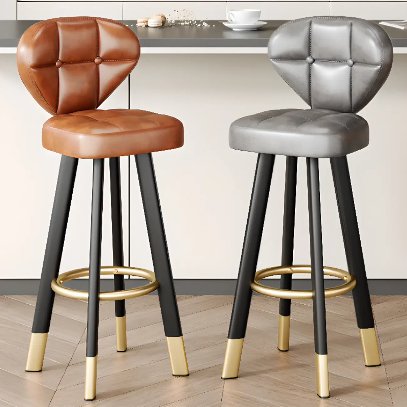 Modern Tufted Counter Height Bar Stools with Metal Footrest