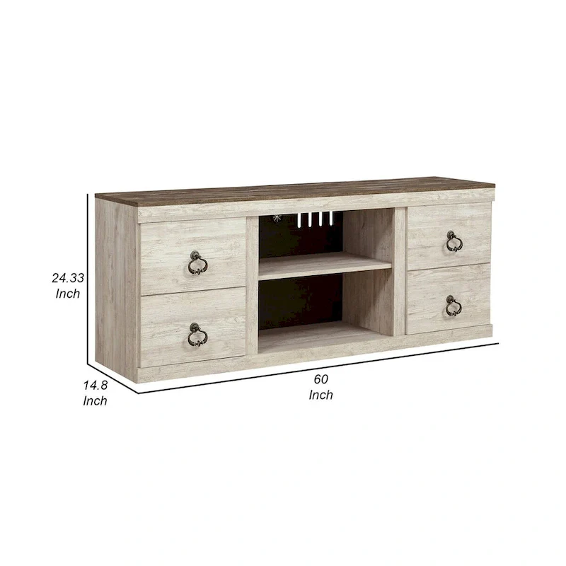 60 Inch Rustic TV Media Entertainment Console, Round Handles, Wood, White