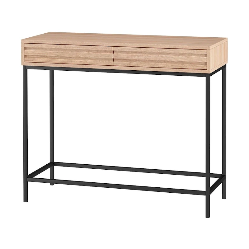 Oak & Walnut Mid-Century Console Table with 2 Drawers, Black Metal Legs