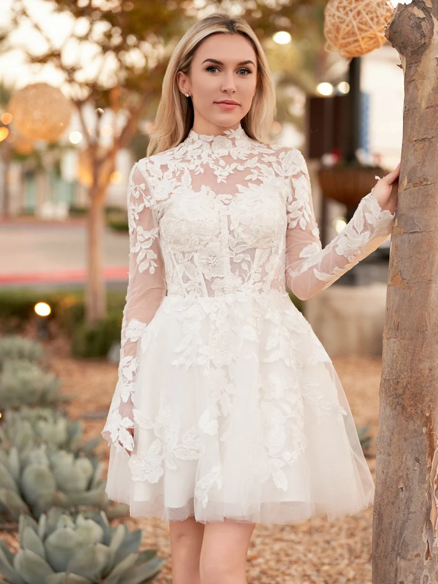 Short White A-Line Illusion Neck Long Sleeves Lace Wedding Dresses