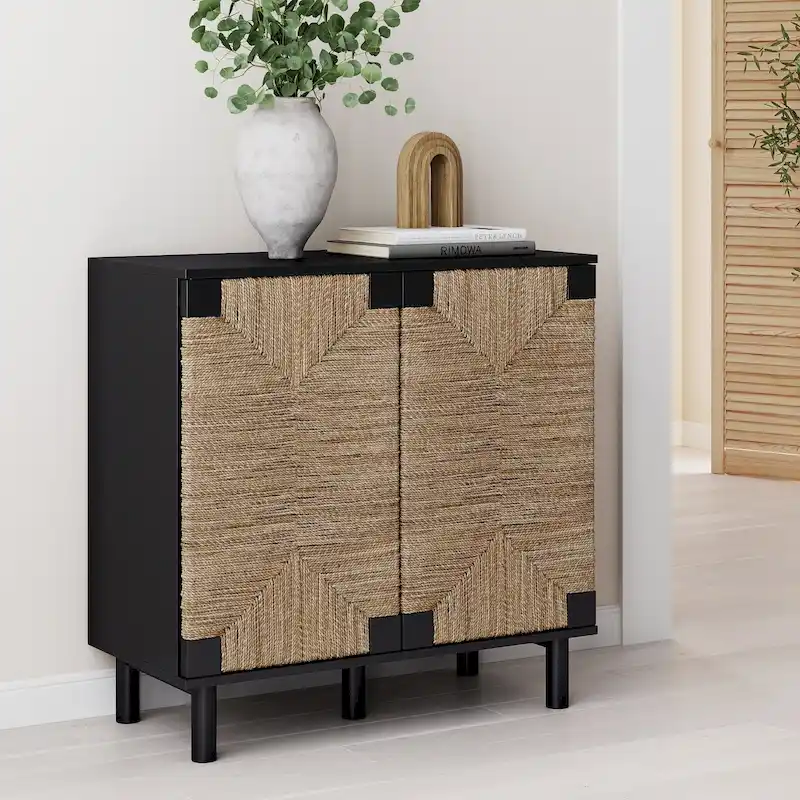 Light Brown Wood Accent Cabinet with Seagrass Doors