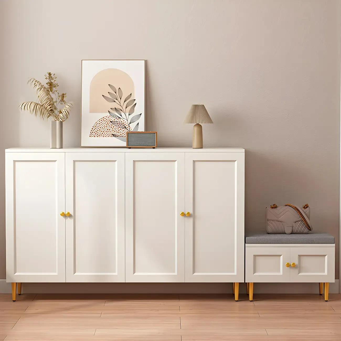 Cream Solid Wood Shoe Cabinet for Entryway with Doors
