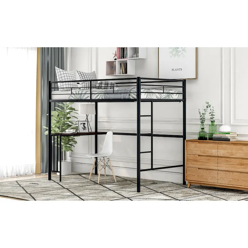 Twin Metal Loft Bed with Desk, Ladder and Guardrails