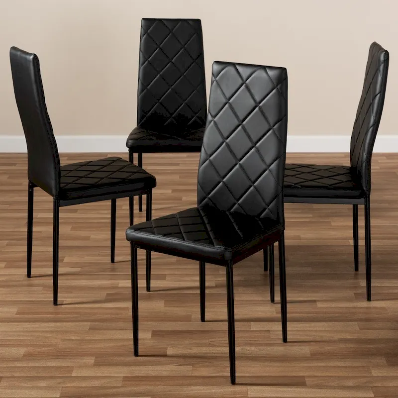 Grid-Tufted Faux Leather Dining Chairs - Black - Set of 4