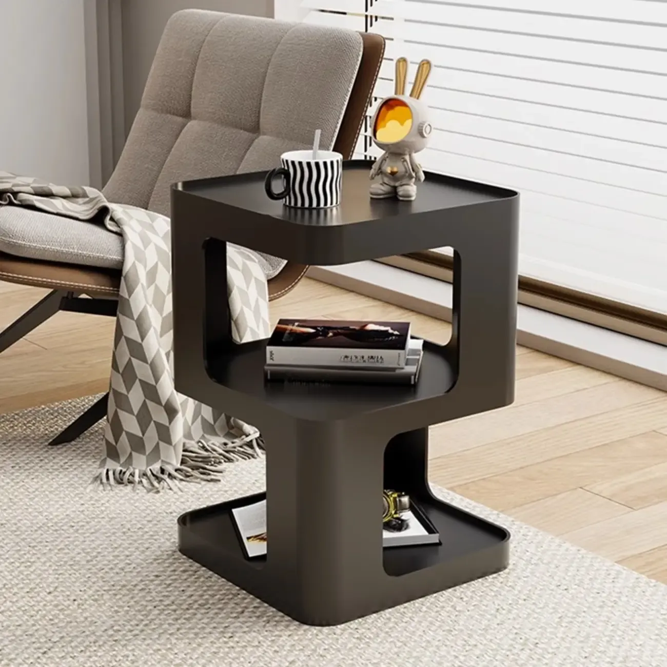 Small Square Black Metal End Table with Storage Shelves