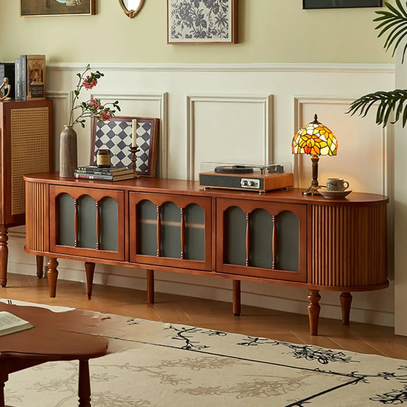 Art Deco Modern Wood TV Stand with Cable Management