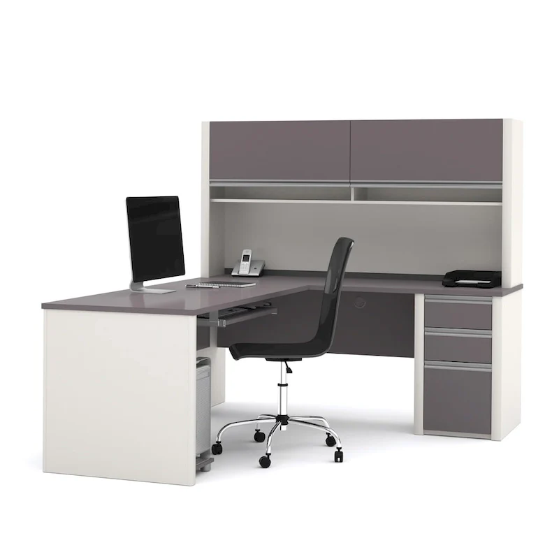 Bestar Connexion 72W L-Shaped Desk with Hutch and Pedestal