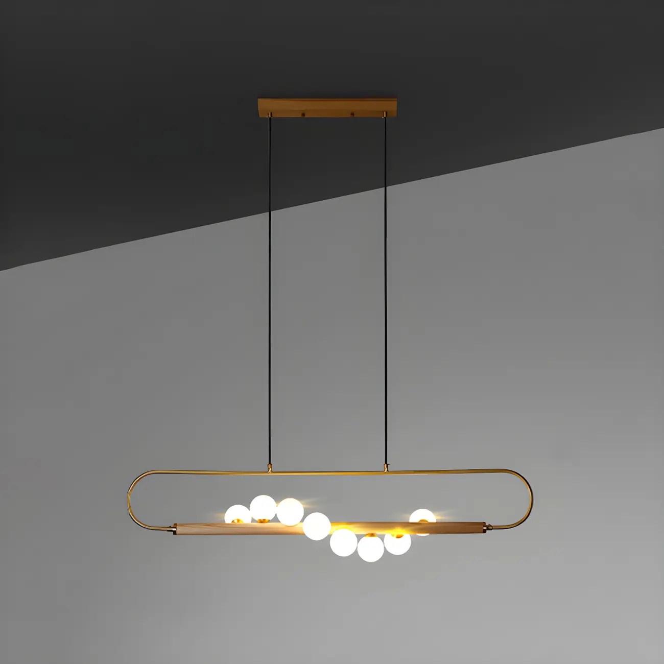 Modern Brass Wood Linear Island Pendant Light